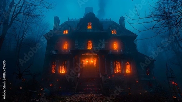 Obraz A creepy haunted house with glowing windows and eerie decorations