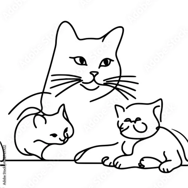 Fototapeta simple outline one-line vector drawing of a sitting cat affectionately hugging her kittens, in a simple and stylized way, drawn with one black line on a white background