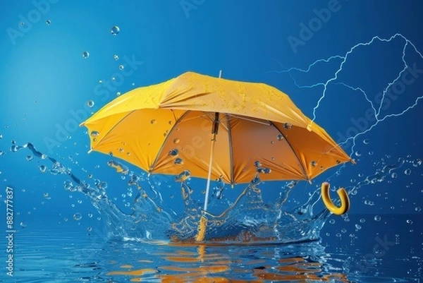 Fototapeta A yellow umbrella is floating in a body of water
