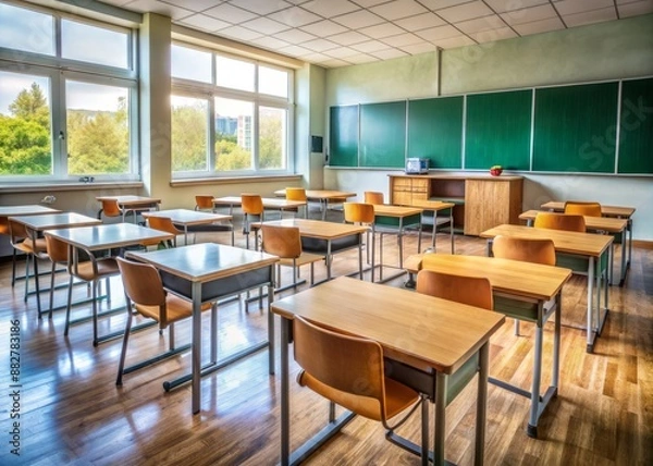 Fototapeta Empty classroom desk chairs surrounded by educational materials, textbooks, and a blackboard, convey a sense of learning and instruction awaiting a teacher's presence.