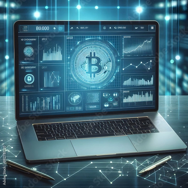 Fototapeta Photo Realistic Laptop with Crypto Portfolio App Display   Stock Photo Concept