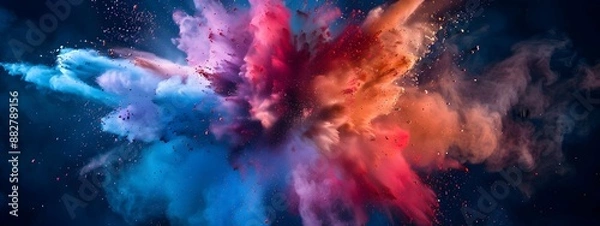 Fototapeta Colorful powder explosion on a dark background, colorful dust clouds in space, abstract colorful cloud of color paint particles flying in the air. High resolution colorful dust clouds