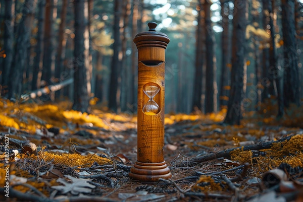 Fototapeta old generation hourglass in forest with green background generated by AI