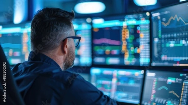 Obraz Dispatcher managing travel routes and drop schedules on large screen with copy space for text, focus on transportation logistics, deep depth of field.