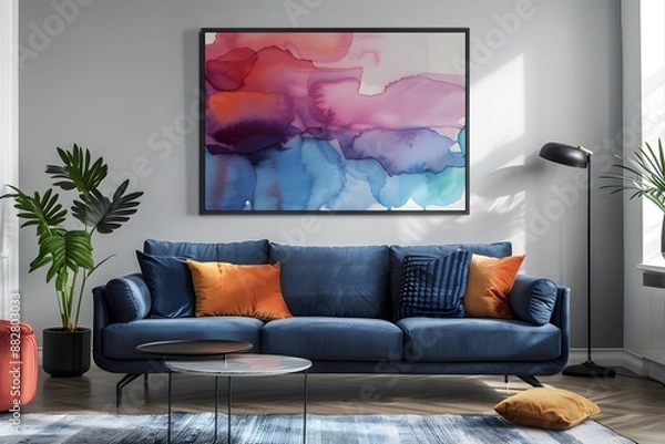 Fototapeta Modern Living Room with Blue Sofa and Colorful Abstract Art