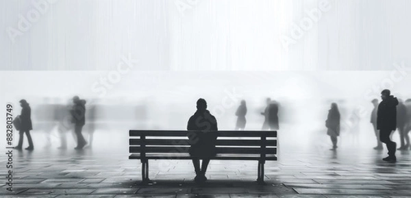 Obraz Lonely man sitting on bench watching invisible people passing by in the fog
