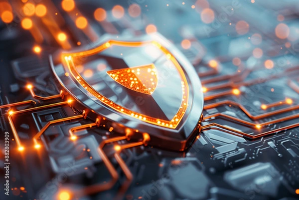 Obraz High-tech cyber security shield protecting data on a digital circuit board, representing advanced technology and network protection.