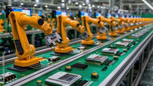 Obraz Robotic arms on an automated assembly line in a modern factory, showcasing advanced manufacturing technology and precision robotics.