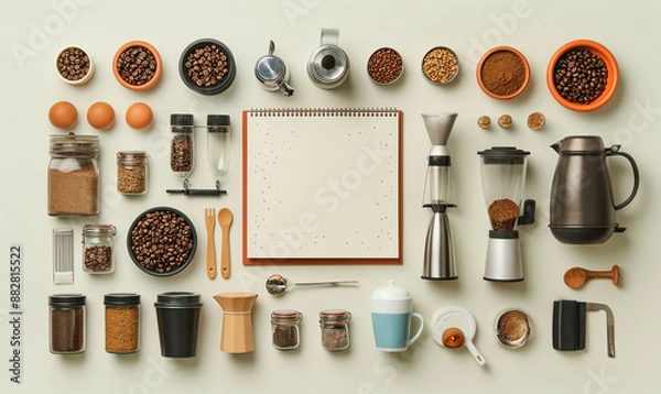 Fototapeta Ingredients for making coffee. Different ways to make coffee geyser moka maker,turkish coffee pots (cezve). Coffee making concept with milk, cinnamon and star anise. Flat Lay. Top view. Copy space