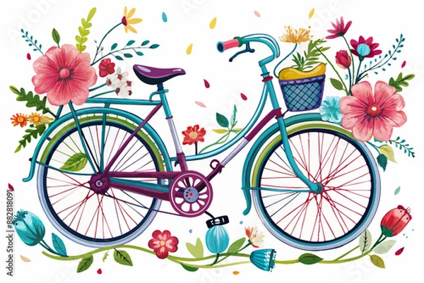 Fototapeta ladies bicycle with flowers on white background Graffiti style