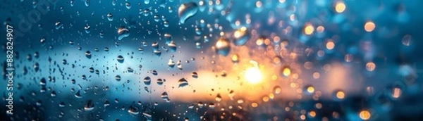 Fototapeta Closeup of raindrops on a window with lightning reflections, rainy thunderstorm