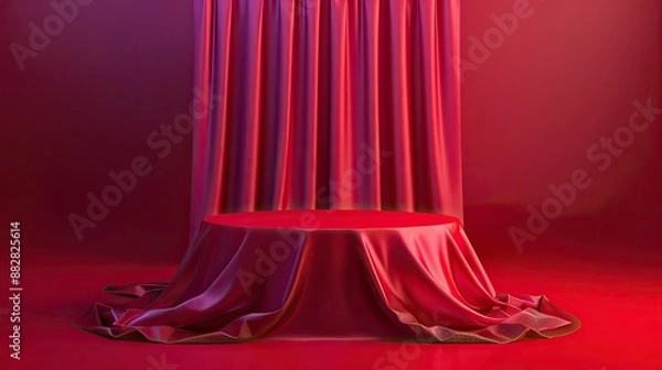 Fototapeta Elegant cylinder podium draped in red cloth on viva magenta background, product display