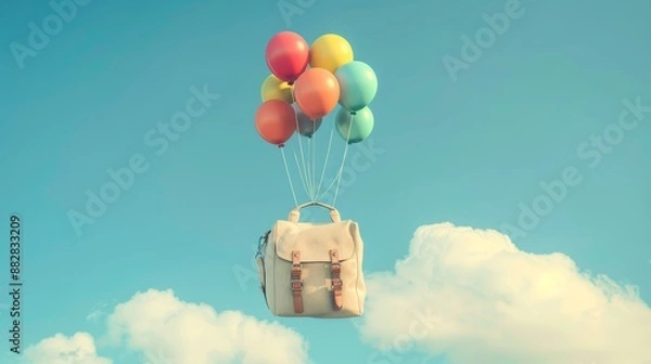 Obraz travel bag flying in the sky with colorful balloons, in the style of a vintage look, with pastel colors, on a soft blue background, on a sunny day, with clouds