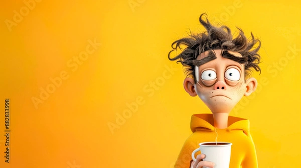 Obraz Tired cartoon man with messy hair holding a cup of coffee on yellow background