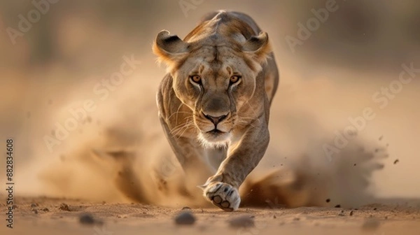Obraz A powerful lioness sprints through the dusty terrain, showcasing her strength and agility during a high-speed chase in the wild.
