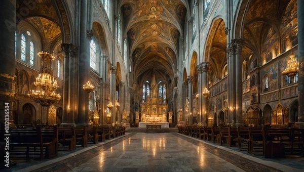 Fototapeta A majestic cathedral interior with soaring vaulted ceilings, detailed frescoes and mosaics, and a grand altar with gold accents, flanked by tall candles and intricate carvings