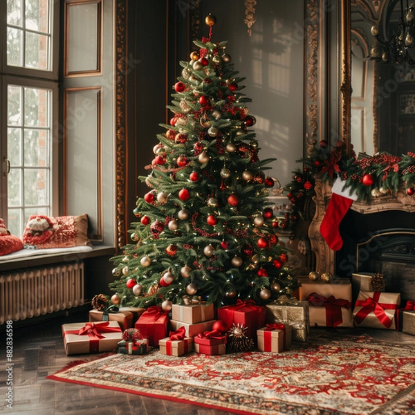Fototapeta A beautifully decorated Christmas tree with numerous gifts underneath. Merry Christmas and Happy New Year concept.