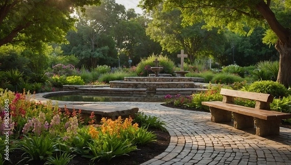 Obraz A scenic outdoor prayer garden featuring a stone pathway winding through lush greenery, a central fountain, and a large wooden cross surrounded by vibrant flowers and peaceful benches for reflection