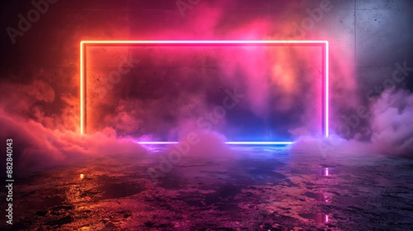 Fototapeta A glowing neon square frame on a dark background, with purple and blue