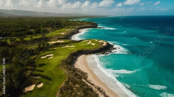 Fototapeta 18-hole seaside golf course, bird's-eye view from Drone