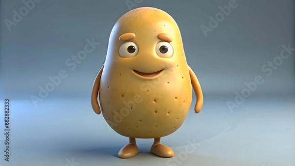 Fototapeta A charming 3D illustration of a smiling potato character with big eyes, standing against a soft grey background.