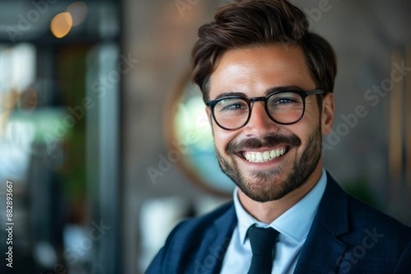 Fototapeta Businessman with a confident smile, representing his success and determination to excel in the corporate world.