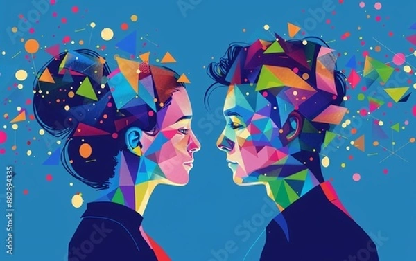 Obraz A boy and girl face each other with their body covering with shapes and different colors 