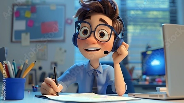 Obraz Animated Boy Taking Notes While On a Call