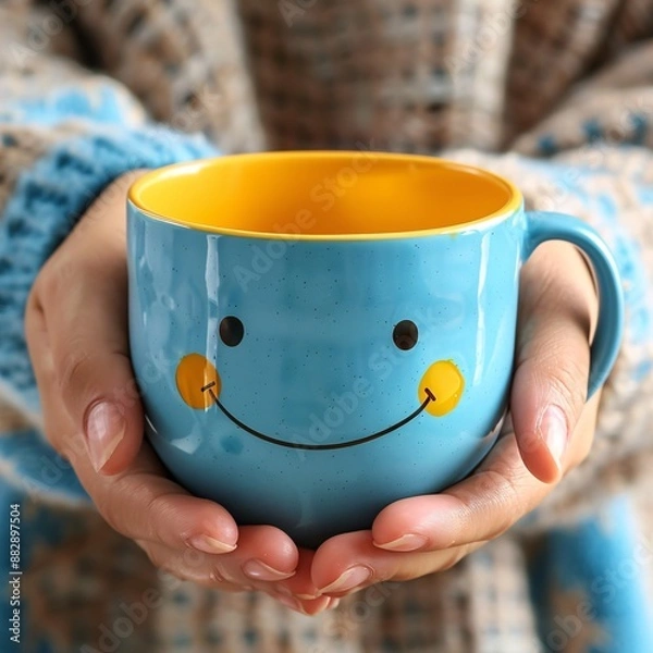 Obraz a man holding a blue cup in his hand with a big smile and cheeks with yellow blushing  on the cup