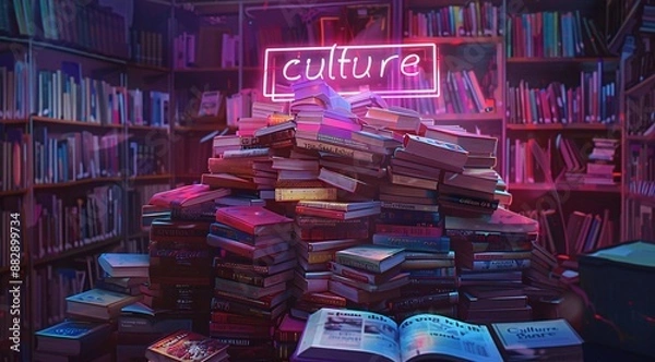 Obraz A pile of books a neon sign saying culture looking like a library 
