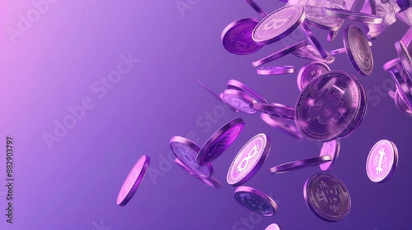 Fototapeta Money-Saving and Cashless Society Concept 3D Render Illustration of Bundles of Cash and Floating Coins on Purple Background