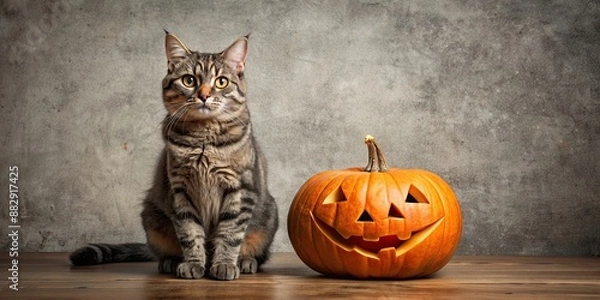 Fototapeta Cat grunge sitting with a Halloween pumpkin , Halloween, cat, grunge,spooky, pumpkin, black cat, Halloween decor, feline, vintage