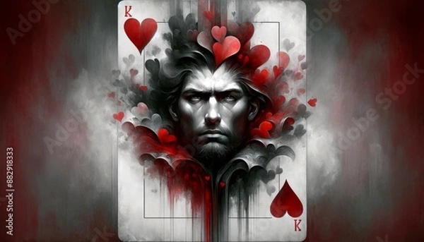 Fototapeta A king of hearts card portrayed with a deeply emotional, almost sorrowful male face, blending into the heart shapes with rich reds and shadowy greys.