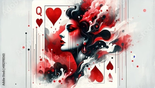 Fototapeta A close-up of a queen of hearts playing card integrated with a silhouette of a woman's face.