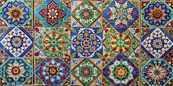 Fototapeta Close-up of a vibrant, intricate mosaic of colorful ceramic tiles