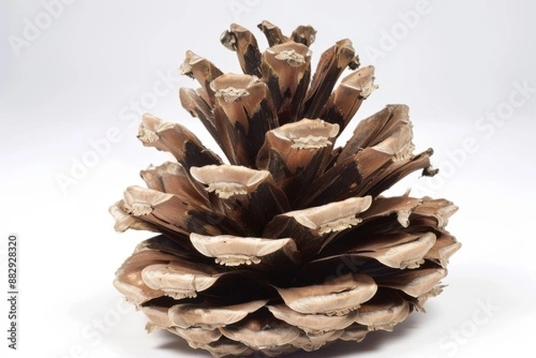 Fototapeta Large brown pinecone lying flat on a pure white background