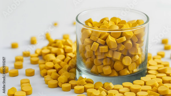 Obraz Close-up of yellow plastic polymer granules. glass with Polymer pellets. polymer plastic. compound polymer.