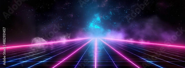 Obraz Synthwave vaporwave retrowave cyber background with copy space, laser grid, starry sky, blue and purple glows with smoke and particles.