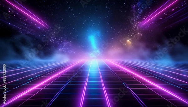 Obraz Synthwave vaporwave retrowave cyber background with copy space, laser grid, starry sky, blue and purple glows with smoke and particles.