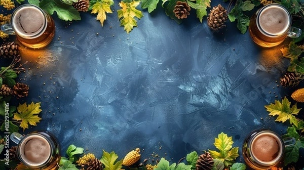 Fototapeta Autumnal beer background with leaves, cones and copy space