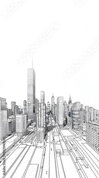 Fototapeta Minimalist Line Art of a Futuristic City Skyline on a White Background