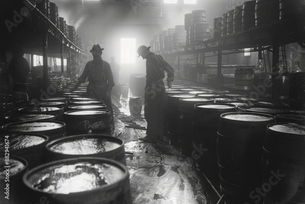 Fototapeta Early 1900s processing factory using half barrels, Generative AI