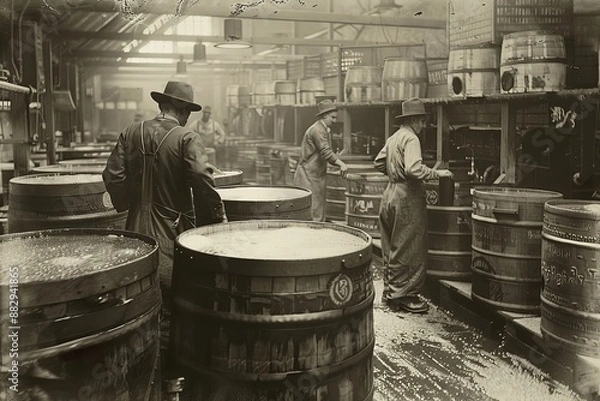 Fototapeta Early 1900s processing factory using half barrels, Generative AI