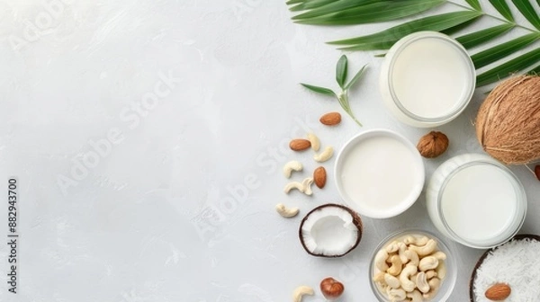 Fototapeta A glass bottle and glass of milk sit on a white table beside a bowl of coconut cream, half a coconut, and a bowl of hazelnuts