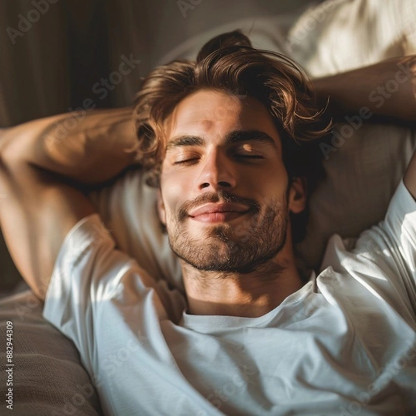 Obraz Happy man relaxing at home enjoy . and enjoy comfortable .his hand back and smile .