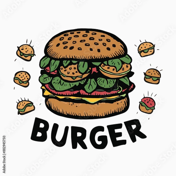 Fototapeta A hand drawn colorful tasty Burger vector Illustration on a white background