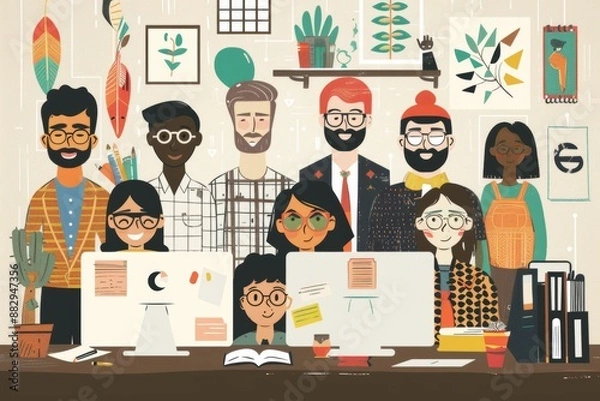Fototapeta illustration depicting cultural diversity in an office setting, with a team composed of individuals from different backgrounds working together harmoniously, showcasing inclusivity and collaboration.