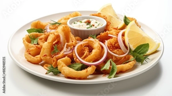 Obraz Crispy Fried Calamari Delight on Elegant White Plate in Minimalistic Setting