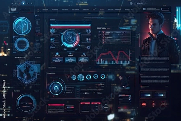 Fototapeta Futuristic digital interface glowing blue circuits A bold and futuristic web template for a technology news portal