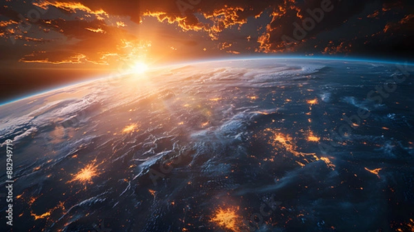Fototapeta Stunning view of Earth's horizon during sunrise from space, illuminating the clouds and landscape below with a warm, golden light.